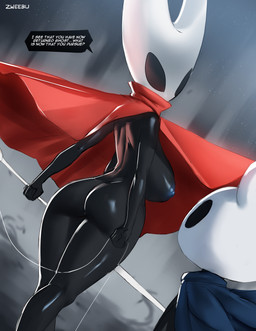 ambiguous_gender anthro areola big_areola big_breasts big_butt big_nipples black_body black_eyes breasts butt cloak clothing dialogue duo empty_eyes female holding_object holding_weapon huge_areola huge_breasts huge_nipples looking_back nipples red_clothing text thick_thighs weapon zweebu hollow_knight_(franchise) team_cherry hornet_(hollow_knight) the_knight_(hollow_knight) arthropod insect vessel_(species) 2025 english_text hi_res half_sister_(lore) nonbinary_(lore) sibling_(lore) sister_(lore)