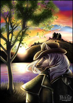 anthro australia clothed clothing country cowboy detailed_background dryzabone farm hat headgear headwear lake looking_away outside plant solo sunset tree toxi_de_vyne_(artist) drover equid equine horse mammal