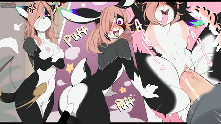 anthro black_body black_fur bodily_fluids bouncing_breasts breasts buckteeth cum cum_in_vagina cum_inside disembodied_penis duo ear_piercing ear_ring female female_penetrated fur genital_fluids genitals hair hair_over_eye humanoid_genitalia humanoid_penis looking_pleasured magic_wand male male/female male_penetrating male_penetrating_female moan penetration penis piercing pink_hair poof_transformation ring_piercing sex species_transformation teeth transformation vulva mochii_tiger domestic_cat felid feline felis lagomorph leporid mammal rabbit hi_res