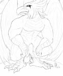 abs anthro beak biceps big_muscles claws crouching digitigrade erection feathered_wings feathers feet genitals looking_at_viewer male muscular muscular_anthro muscular_male nude pecs penis solo tail tail_feathers talons tapering_penis toes wings velrizoth runescape armadyl avian aviansie bird deity 5:6 hi_res monochrome