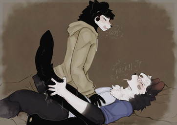 anal anal_penetration anthro bed black_body black_fur blush bodily_fluids bottomless braces butt butt_grab cheek_stripes clothed clothing cowgirl_position cum cum_drip cum_in_ass cum_inside cum_on_chest cum_on_clothing dialogue dream dripping drooling duo ear_piercing floppy_ears freckled_face freckles from_front_position fur furniture genital_fluids hair hand_on_butt heart_symbol hoodie hoodie_only leaking_cum male male/male markings moan mole_(marking) motion_lines multicolored_hair on_bottom on_top open_mouth orgasm pawpads penetration pie_cut_eyes piercing pillow plap profanity riding romantic romantic_couple saliva sex shirt shirt_only speech_bubble tan_tongue teeth text tongue tongue_out topwear topwear_only two_tone_hair white_body white_fur yelp cerberussenn lee_sweeto_(cerberussenn) oliver_kang_(cerberussenn) border_collie canid canine canis collie domestic_dog herding_dog mammal pastoral_dog sheepdog wolf absurd_res hi_res signature