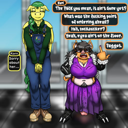 anthro big_penis boots bottomwear breasts clothing dialogue duo erection erection_under_clothing erection_under_skirt footwear genitals gesture gynomorph hand_gesture hanging_penis homophobic_slur intersex jacket leather leather_boots leather_clothing leather_footwear leather_jacket leather_topwear male middle_finger overweight penis pigtails profanity pubes_exposed shoes shortstack shortstack_gynomorph shortstack_intersex skirt slur text text_box topwear tusks vein veiny_penis wattles wings korncob mythology korn_cob kuni_porcula equid equine mammal mythological_creature mythological_equine pegasus suid suine 1:1 2026 character_name digital_media_(artwork) english_text hi_res