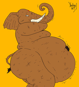 ambiguous_gender anthro belly big_belly brown_arms brown_belly brown_body brown_butt brown_ears brown_legs brown_tail butt hand_on_belly looking_at_viewer obese overweight side_view simple_background solo tail white_tusks yellow_background yauhasart elephant elephantid mammal proboscidean 2026 flat_colors hi_res