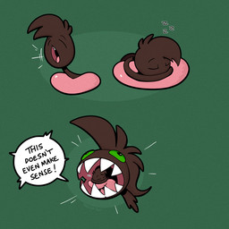 abstract_background brown_body brown_fur dialogue duo fur green_background green_sclera living_tail male sharp_teeth simple_background sleeping speech_bubble tail tail_head teeth tongue unusual_anatomy unusual_tail trevor-fox nintendo pokemon trevor-fox_(character) generation_2_pokemon girafarig pokemon_(species) 1:1 comic hi_res nonbinary_(lore)