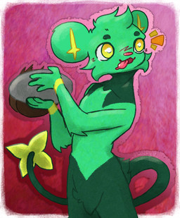 4_fingers anthro border crotch_tuft featureless_crotch fingers fur green_body green_fur looking_away male markings pink_background pupils raised_hands simple_background smile solo standing tongue tongue_out tuft white_border white_pupils yellow_eyes yellow_inner_ear yellow_markings emishy nintendo pokemon strike_(strikerman) felid feline generation_4_pokemon mammal pokemon_(species) shinx 2026 hi_res