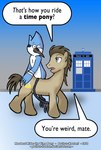 2_toes avian_feet backwards backwards_horseback_riding beak blue_body blue_eyes blue_feathers brown_body brown_fur brown_hair cutie_mark dialogue duo feathers feet feral fur hair hooves male open_mouth question_mark riding straddling tardis text toes tongue what paulrus-keaton british_broadcasting_corporation cartoon_network doctor_who friendship_is_magic hasbro my_little_pony regular_show doctor_whooves_(mlp) mordecai_(regular_show) tenth_doctor the_doctor_(doctor_who) avian bird blue_jay corvid earth_pony equid equine horse jay_(bird) mammal new_world_jay oscine passerine pony 2011 crossover digital_media_(artwork) english_text hi_res