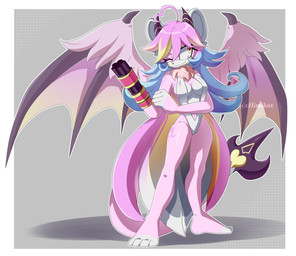 4_toes anthro blue_hair feet female gatling_gun gradient_eyes gun gun_arm hair horn machine_gun markings minigun mostly_nude mostly_nude_anthro mostly_nude_female multicolored_hair one_eye_closed pink_body pink_hair ranged_weapon round_ears solo spade_tail tail toes two_tone_hair weapon weapon_arm white_markings wings wink txmie pastel_velatis velatis_ferio_caedo unknown_species hi_res watermark