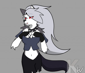 animal_ears anthro biped black_clothing black_nose black_shirt black_topwear bottomwear breasts cleavage clothed clothing collar crop_top ear_piercing eyelashes female fingerless_gloves fur gloves grey_background grey_body grey_fur grey_hair hair hands_to_chest handwear holding_collar holding_object long_hair looking_away midriff multicolored_body multicolored_fur navel off_shoulder open_mouth piercing red_eyes shirt shorts simple_background solo spiked_collar spikes tail topwear torn_clothing two_tone_body two_tone_fur white_body white_fur kangwolf hellaverse helluva_boss mythology loona_(helluva_boss) canid canid_demon canine demon hellhound mammal mythological_canine mythological_creature 2019 colored digital_drawing_(artwork) digital_media_(artwork) half-length_portrait portrait watermark