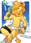 adolescent anthro belly biped bodily_fluids bulge clothed clothing cloud cute_fangs detailed_bulge electric_fan eyes_closed fangs fur furin handheld_electric_fan inner_ear_fluff kemono male male_anthro open_mouth orange_body orange_fur pawpads simple_background solo sweat sweatdrop sweaty_arms sweaty_belly sweaty_legs teeth tuft underwear underwear_only undressing white_inner_ear_fluff yellow_body young young_anthro young_male shoko_contane felid feline lion mammal pantherine absurd_res hi_res signature