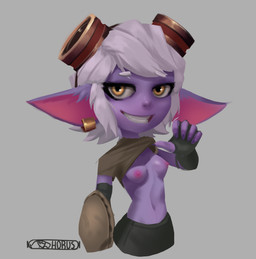 areola armwear big_ears bottomwear breasts brown_clothing brown_topwear clothed clothing ear_piercing eyelashes eyewear eyewear_on_head female flashing flashing_breasts front_view fur goggles goggles_on_head green_armwear green_bottomwear green_clothing green_pants grey_background grey_hair hair humanoid_pointy_ears looking_at_viewer navel nipples pants piercing pink_areola pink_nipples pointy_ears purple_body purple_fur raised_clothing raised_topwear short_hair simple_background small_breasts smile solo topwear yellow_eyes horustheblind league_of_legends riot_games tencent tristana_(lol) humanoid yordle