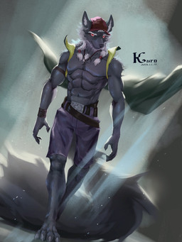 4_toes abs abstract_background anthro athletic athletic_anthro athletic_male barefoot baseball_cap beard belt_buckle biped black_body black_fur bottomwear buckle claws clothed clothed_anthro clothed_male clothing eyebrows facial_hair feet finger_claws fluffy fluffy_tail fur green_clothing green_topwear hair hat head_turned headgear headwear inner_ear_fluff long_tail looking_at_viewer male monotone_body monotone_fur mouth_closed pupils purple_bottomwear purple_clothing purple_shorts red_clothing red_eyes red_hat red_headwear shorts shorts_only snout solo tail text toe_claws toes tooth_necklace topless topless_anthro topless_male topwear tuft walking white_beard white_eyebrows white_facial_hair white_hair white_inner_ear_fluff white_sclera wind kuromonsart kolo_(kolo2122) canid canine canis mammal wolf 2021 3:4 absurd_res artist_name colored dated digital_drawing_(artwork) digital_media_(artwork) english_text full-length_portrait hi_res portrait