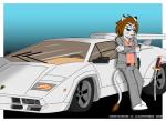 anthro blue_eyes brown_hair car clothing fur gradient_background hair katana melee_weapon simple_background solo sword vehicle weapon white_body white_fur djcoyoteguy lamborghini lamborghini_countach evan_white_(djcoyoteguy) felid lion mammal pantherine