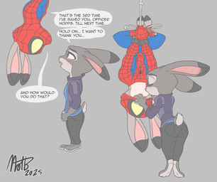anthro female kissing male spiderman_kiss text nickofthebra disney marvel spider-man_(series) zootopia judy_hopps european_rabbit lagomorph leporid mammal oryctolagus rabbit 2025 colored crossover english_text hi_res