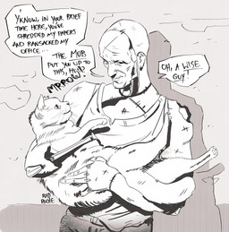abstract_background ambiguous_gender clothing duo feral fur holding_another looking_at_another male mechanical_body paws pupils shirt slit_pupils speech_bubble tank_top text topwear whiskers rad-roche fallout microsoft nick_valentine_(fallout) domestic_cat felid feline felis humanoid mammal synth_(fallout) artist_name black_and_white english_description english_text hi_res monochrome