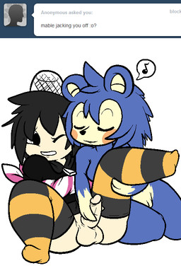 anthro black_hair blue_body blue_fur bottomless bound breast_squish breasts clothed clothing dominant dominant_anthro dominant_female duo erection eyes_closed female fur genitals hair handjob hoodie human_on_anthro interspecies legwear male male/female musical_note musical_symbol nude penile penis sex squish submissive submissive_human submissive_male symbol tan_body tan_fur thigh_highs topwear vulva aintsmart animal_crossing nintendo mabel_able eulipotyphlan hedgehog human mammal aliasing digital_media_(artwork)