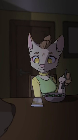 anthro appliance bowl cellphone chair claws clothing container cutlery door eating electronics female finger_claws food fork furniture horror_(theme) kitchen_appliance kitchen_utensils male microwave_oven phone pink_nose smartphone sound_effects table tools angryfur domestic_cat felid feline felis mammal animated short_playtime sound video