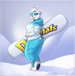 3_toes 4_fingers anthro barefoot big_breasts big_butt blue_clothing blue_eyes blue_eyewear blue_goggles bottomwear breasts butt clothing curvy_figure eyebrows eyewear feet female fingers fur goggles goggles_on_face hair hindpaw hoodie jacket looking_at_viewer looking_back looking_back_at_viewer multicolored_clothing open_mouth open_smile pants pawpads paws pear-shaped_figure raised_eyebrow rear_view short_ears short_hair short_tail smile snow snowboard solo sweatpants tail thick_thighs toes topwear white_body white_clothing white_fur wide_hips winter winter_clothing monkeyblues anook_(danimals) bear mammal polar_bear ursine absurd_res hi_res huge_filesize