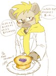 anthro blonde_hair blush brown_body brown_fur cake clothed clothing dessert eyewear food fur glasses hair holding_food holding_object looking_at_viewer male solo speech_bubble text topwear hayata_461 lifewonders live_a_hero roiker hyena mammal spotted_hyena hi_res japanese_text