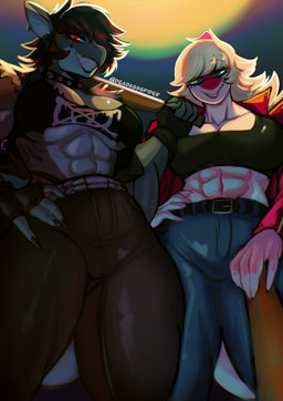 abs abstract_background anthro baseball_bat bat_(object) black_hair blonde_hair blue_eyes bottomwear breasts claws cleavage clothed clothing denim denim_bottomwear denim_clothing duo ear_piercing ear_ring eyelashes female finger_claws fingerless_gloves gloves grey_body grey_scales hair hand_on_hip hand_on_own_hip handwear highlights_(coloring) jacket jeans long_hair looking_at_viewer magenta_body magenta_scales midriff multicolored_body multicolored_hair multicolored_scales muscular muscular_anthro muscular_female pants piercing red_clothing red_eyes red_hair red_highlights red_jacket red_topwear ring_piercing scales sharp_teeth short_hair smile teeth text thick_thighs topwear two_tone_body two_tone_hair two_tone_scales under_boob white_body white_scales deadassspider cavemanon_studios i_wani_hug_that_gator mia_moretti roxxie_(roxxiedafeesh) aquatic dinosaur fish hadrosaurid ornithischian ornithopod parasaurolophus prehistoric_species reptile scalie shark 2024 absurd_res artist_name digital_drawing_(artwork) digital_media_(artwork) hi_res watermark