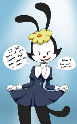 accessory anthro black_body black_fur clothed clothing cross cross_necklace dialogue female flower flower_in_hair fur gloves hair hair_accessory handwear jewelry looking_at_viewer necklace nun open_mouth plant simple_background solo speech_bubble text tongue young sandwich-anomaly animaniacs warner_brothers dot_warner inkblot mammal digital_media_(artwork) english_text hi_res