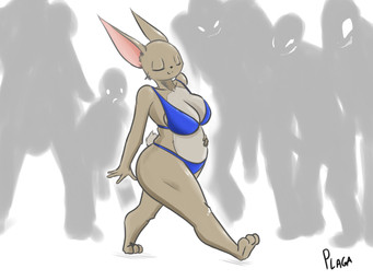 anthro big_breasts bikini breasts brown_body brown_fur clothing curvy_figure evil_grin eyes_closed female fur grin group imminent_rape imminent_sex looming oblivious rape_face shadow smile solo_focus swimwear thick_thighs two-piece_swimsuit voluptuous walking wide_hips triplepistacho pudding_(triplepistacho) hare lagomorph leporid mammal 2015 4:3 hi_res