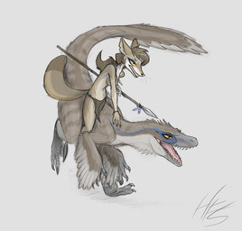 action_pose ambiguous_gender anthro bodypaint bottomwear clothed clothing countershading duo feathers female feral hair loincloth melee_weapon open_mouth orange_eyes polearm ponytail pose riding riding_on_back running scar snarling spear topless tribal tribal_clothing weapon white_body white_countershading yellow_eyes phlegraofmystery jodie_(nicanor) canid canine canis coyote dinosaur dromaeosaurid feathered_dinosaur feathered_scalie mammal prehistoric_species reptile scalie theropod hi_res