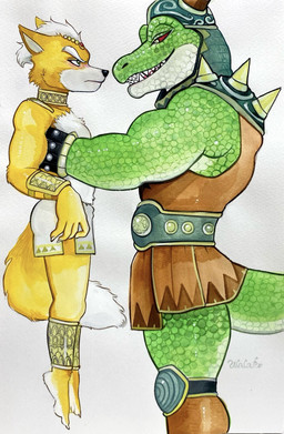 anthro armor bedroom_eyes bottomwear bracelet clothed clothing collar crossdressing dipstick_tail duo gold_(metal) gold_anklet gold_bracelet gold_collar gold_jewelry jewelry kilt lifting_partner male male/male markings metal_collar muscular muscular_anthro muscular_male narrowed_eyes questionable_consent red_eyes seductive size_difference skirt spiked_armor spikes tail tail_markings ulala_ko nintendo star_fox fox_mccloud general_scales canid canine fox mammal scalie sharpclaw_(star_fox) hi_res