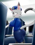 2019 aircraft airplane anthro big_breasts big_butt biped blush bottomwear breasts butt butt_pose canada choco_(moltern) clothed clothing crossgender digital_media_(artwork) domestic_cat felid feline felis female flight_attendant fully_clothed fur grey_body grey_fur hat headgear headwear hi_res inside_airplane legwear looking_at_viewer mammal maple_leaf night open_mouth pencil_skirt pose rear_view shirt skirt slapp smile solo standing thigh_highs topwear uniform vehicle wide_hips