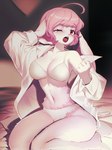 anthro big_breasts bra breasts chest_tuft clothed clothing female fur hair looking_at_viewer navel one_eye_closed open_clothing open_mouth open_shirt open_topwear panties pink_body pink_eyes pink_fur pink_hair shirt solo thick_thighs topwear tuft underwear undressing white_bra white_clothing white_panties white_underwear yawn bean_mel lagomorph leporid mammal rabbit hi_res