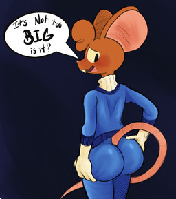 anthro big_butt big_ears blue_clothing bodysuit brown_body brown_fur buckteeth butt butt_focus butt_grab clothing complex_shading dialogue embarrassed embarrassed_male femboy fur gloves hand_on_butt handwear male orange_body orange_fur rat_tail simple_background skinsuit solo spacesuit spandex spandex_suit speech_bubble superhero sweater tail teeth tight_clothing toony topwear turtleneck pipsy_mouse pipsy_mouse_(character) mammal mouse murid murine rat rodent