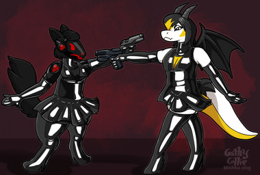anthro armwear black_body black_hair clothed clothing crossdressing dress duo femboy footwear gloves gun hair handgun handwear high_heels latex latex_armwear latex_clothing latex_dress latex_gloves latex_handwear latex_legwear latex_thigh_highs legwear machine male pistol pointing_gun_at_another ranged_weapon shoes thigh_highs weapon white_body wings yellow_body yellow_hair_tips gothycollie mythology system_shock quirk_(tapewolf) terry_(tapewolf) dragon mythological_creature mythological_scalie protogen scalie hi_res