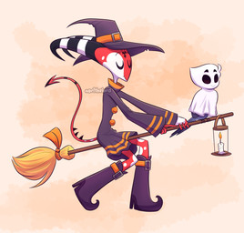 bedsheet_ghost boots broom candle cleaning_tool clothing cosplay dress duo eyes_closed feathers feral feralized footwear hat headgear headwear high_heeled_boots high_heels holidays horn lamp lantern magic_user male markings red_body red_skin shoes simple_background smile spade_tail spotted_legs striped_horn stripes tail tail_feathers white_markings witch witch_broom witch_costume witch_hat norithelord halloween hellaverse helluva_boss blitzo_(helluva_boss) stolas_(helluva_boss) avian bird demon humanoid imp owl 2021 absurd_res hi_res