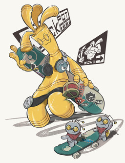 ambiguous_gender ambiguous_humanoid antennae_(anatomy) belt capelet clothing coin electronics featureless_crotch featureless_hands featureless_legs glistening glistening_body gold_(metal) gold_coin group headphones headphones_around_neck holding_skateboard larger_ambiguous larger_humanoid not_furry pokeball_print sign simple_background size_difference skateboard skater smaller_ambiguous smaller_humanoid smile snaggle_tooth sticker text treasure_chest vehicle walking white_background komugicorn nintendo pokemon elemental_creature generation_9_pokemon gholdengo gimmighoul humanoid metal_creature mineral_fauna pokemon_(species) 2024 hi_res japanese_text