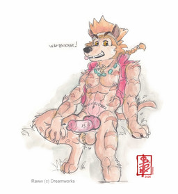 accessory animal_genitalia animal_penis anthro arf balls canine_genitalia canine_penis clothing dreamworks_forgotten_island erection fantasy genitals hair head_hair headband jewelry knot looking_at_viewer male muscular muscular_male necklace on_ground pawpads paws penis pointy_ears pose raww_dog sitting sitting_on_ground solo spiky_hair tail text tongue tongue_out topwear vest wahboosh fennec_(artist) dreamworks forgotten_island mythology raww_(forgotten_island) canid canine mammal mythological_canine mythological_creature werecanid werecanine werecreature weredog werewolf painting_(artwork) traditional_media_(artwork) watercolor_(artwork)