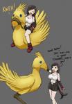 avian avian_pred beak bird boko_(ff7) bridle chocobo duo english_text feathered_wings feathers female feral feral_pred final_fantasy final_fantasy_vii hi_res human mammal reins riding skylark square_enix tail tail_feathers talking_to_pred text tifa_lockhart vore willing_prey wings