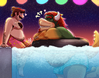 anthro clothing cosmic_background duo hair hairy heart_symbol inflatable inner_tube legs_in_water male male/male musclegut muscular partially_submerged pool pool_float poolside sky star starry_background starry_sky swimming_pool swimming_trunks swimwear water wet wet_body wet_clothing wet_hair dropsofmoonlight mario_bros nintendo bowser mario human humanoid koopa mammal scalie hi_res