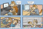 4_panel_comic after_transformation age_regression age_transformation anthro baby baby_talk block blue_background bottomwear brown_body brown_fur canid canine canis clean_diaper clothed clothing comic computer dialogue diaper diaper_under_clothing electronics english_text frown fur furniture gaia1234 male mammal orange_body orange_fur overalls pants plushie rug shirt shortalls simple_background sippy_cup sitting sofa solo speech_bubble standing tan_body tan_fur text thought_bubble topwear toy transformation transformation_sequence wearing_diaper wolf young young_anthro young_male