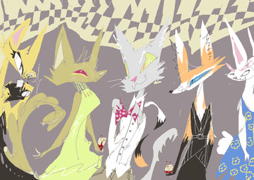 abstract_background anthro black_clothing black_dress blue_clothing blue_dress clothing dress female fur grey_body grey_fur group male monotone_body monotone_fur multicolored_body multicolored_fur orange_body orange_fur polka_dot_bow polka_dot_bow_tie red_body red_fur shirt smile topwear white_body white_clothing white_fur white_shirt white_topwear yellow_body yellow_clothing yellow_dress yellow_fur naircat canid canine domestic_cat felid feline felis fox lagomorph leporid mammal rabbit red_fox true_fox 2017 digital_media_(artwork) microsoft_paint_(artwork)