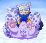 4_toes abs animal_genitalia anthro balls black_nose blue_body blue_fur blush bottomless claws clothed clothing eyewear feet fully_sheathed fur genitals gloves goggles handwear looking_at_viewer male muscular muscular_young outside pawpads paws sheath shota simple_background sky snow soles solo toes yellow_eyes young young_anthro ingi bemani konami pop'n_music ollie_(pop'n_music) felid mammal pantherine snow_leopard 2015 digital_drawing_(artwork) digital_media_(artwork) hi_res