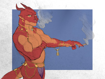 accessory animal_genitalia anthro bottomwear cigarette clothed clothing furgonomic_bottomwear furgonomics genital_slit genitals gold_(metal) gold_jewelry jewelry light_clothing looking_at_viewer lore male orange_body red_body smoking smoking_cigarette tail tail_accessory tail_jewelry topless ya_be4 scalie absurd_res digital_drawing_(artwork) digital_media_(artwork) hi_res