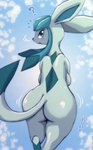 anthro anthrofied back_boob blue_eyes blush breasts butt female looking_at_viewer looking_back nude open_mouth pokemorph question_mark solo wide_hips melonleaf nintendo pokemon canid eeveelution generation_4_pokemon glaceon mammal pokemon_(species) hi_res