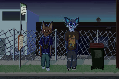 anthro black_clothing black_footwear black_shoes blue_nose blue_sky bottomwear brown_clothing brown_shirt brown_t-shirt brown_topwear building clothing denim denim_bottomwear denim_clothing detailed_background duo fence footwear grass green_bottomwear green_clothing green_pants jeans male pants plant shirt sky t-shirt topwear trash_can demensa emil_(demensa) canid canine canis coyote domestic_dog hybrid mammal 2019 3:2 digital_media_(artwork) pixel_(artwork)