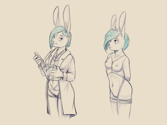 alternative_fashion anthro bdsm blue_hair bondage bound breasts clipboard clothing coat female genitals hair lab_coat lab_coat_only looking_at_viewer nude nurse nurse_clothing pen punk restraints rope rope_bondage rope_harness rope_under_clothing smile stealth topwear vulva disnomia nyxapnea kat_(disnomia) lagomorph leporid mammal rabbit 4:3 artist_collaboration multiple_scenes sketch