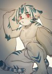 anthro asian_clothing blue_stripes blush blush_lines bulge claws clothing crouching east_asian_clothing fundoshi fur holding_object holding_pillow japanese_clothing kemono looking_at_viewer male pawpads pillow pillow_fort pink_pawpads pupils red_eyes shota slit_pupils solo stripes underwear white_body white_fur young young_anthro milkybot onmyou_taisenki kogenta_(onmyou_taisenki) felid mammal pantherine tiger 2020