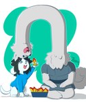 ambiguous_gender anthro clothed clothing duo food fur hair simple_background sitting topwear white_body joaodiegues undertale undertale_(series) lesser_dog temmie_(undertale) canid canine canis domestic_dog felid feline mammal tem