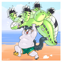 anthro blush border clothed clothing fur golden_pawpads grey_hair hair handle handle_bar holding_another inflatable male open_mouth partially_clothed pawpads pool_toy pool_toy_handle smile swimming_trunks swimwear tail three-quarter_view white_body white_border white_fur nennsen animate_inanimate canid canine crocodilian living_inflatable living_pool_toy mammal reptile scalie 1:1 2025 digital_media_(artwork) hi_res