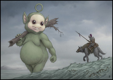 ambiguous_gender cloud cloudy_sky fantasy grey_sky group looking_at_another male medieval medieval_fantasy scenery sky trio jflaxman teletubbies canid canine canis human mammal teletubby wolf hi_res