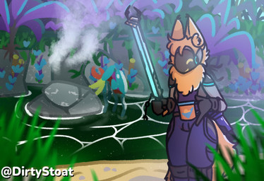 anthro light machine male nature plant smile solo tree dirtystoat coffee_stain_studios satisfactory_(game) protogen watermark