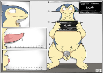 animal_genitalia anthro balls blush blush_lines bodily_fluids chastity_cage chastity_cage_only chastity_device chastity_device_only dripping ear_piercing ear_ring erection fur fur_tuft genital_fluids genitals leaking_precum male mugshot nude penis piercing precum precum_drip ring_piercing sheath solo tapering_penis text tuft wearing_chastity_cage wearing_chastity_device sodacaps nintendo pokemon badger generation_2_pokemon mammal mustelid musteline pokemon_(species) typhlosion absurd_res english_text hi_res