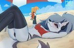 anthro beverage black_clothing black_underwear blush breasts clothing crop_top detailed_background female fur grey_body grey_fur grey_hair hair long_socks looking_at_viewer lying lying_on_sand multicolored_body multicolored_fur multicolored_hair red_clothing red_eyes red_shirt red_topwear shirt small_breasts small_waist solo topwear underwear white_body white_fur white_sclera mikansfw helluva_boss mythology loona_(helluva_boss) canid canid_demon canine demon hellhound mammal mythological_canine mythological_creature 2025 hi_res